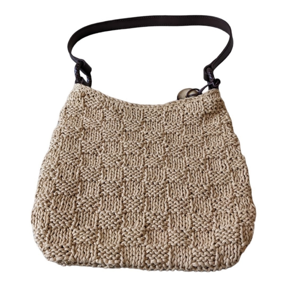 The Sak Cream Woven Bodied Bag With Brown Leather Strap